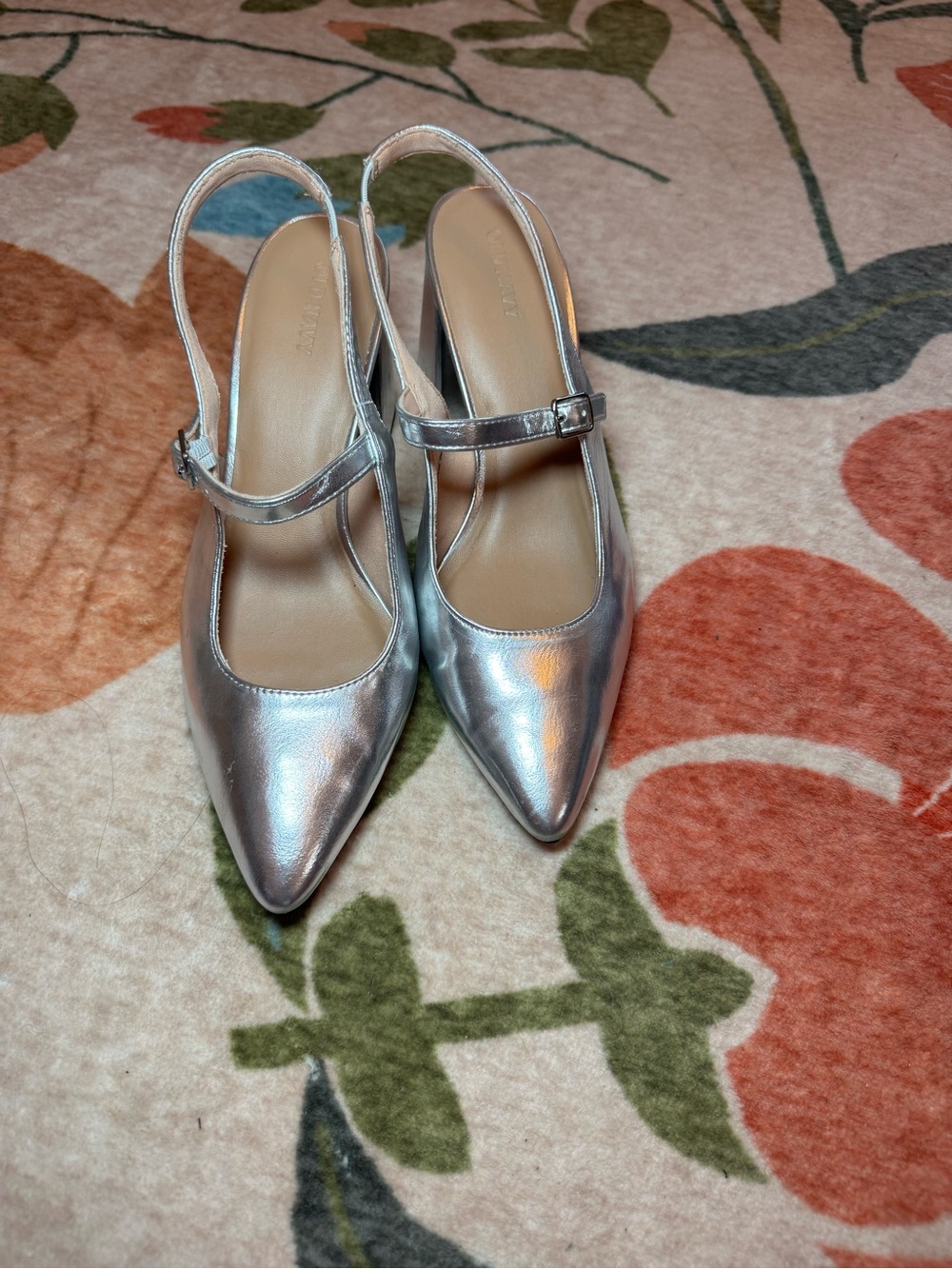 Old Navy Silver Pointed-Toe Mary Jane Slingback Heels